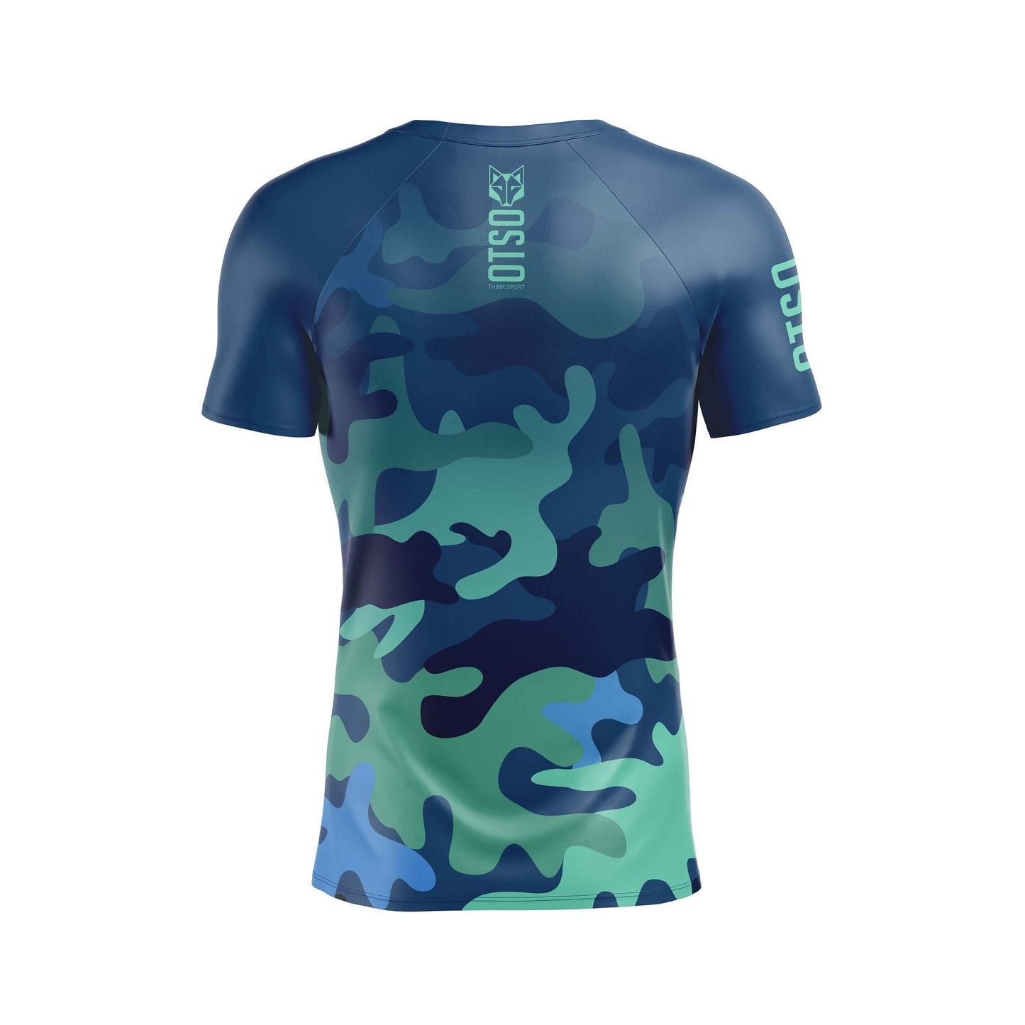 Camiseta de manga corta para hombre de la marca Otso con estampado Blue Camo. Foto trasera