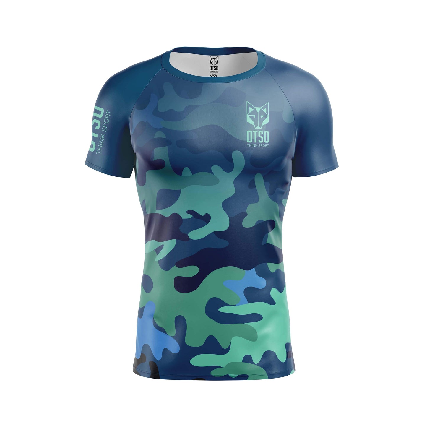 Camiseta de manga corta para hombre de la marca Otso con estampado Blue Camo. Foto delantera